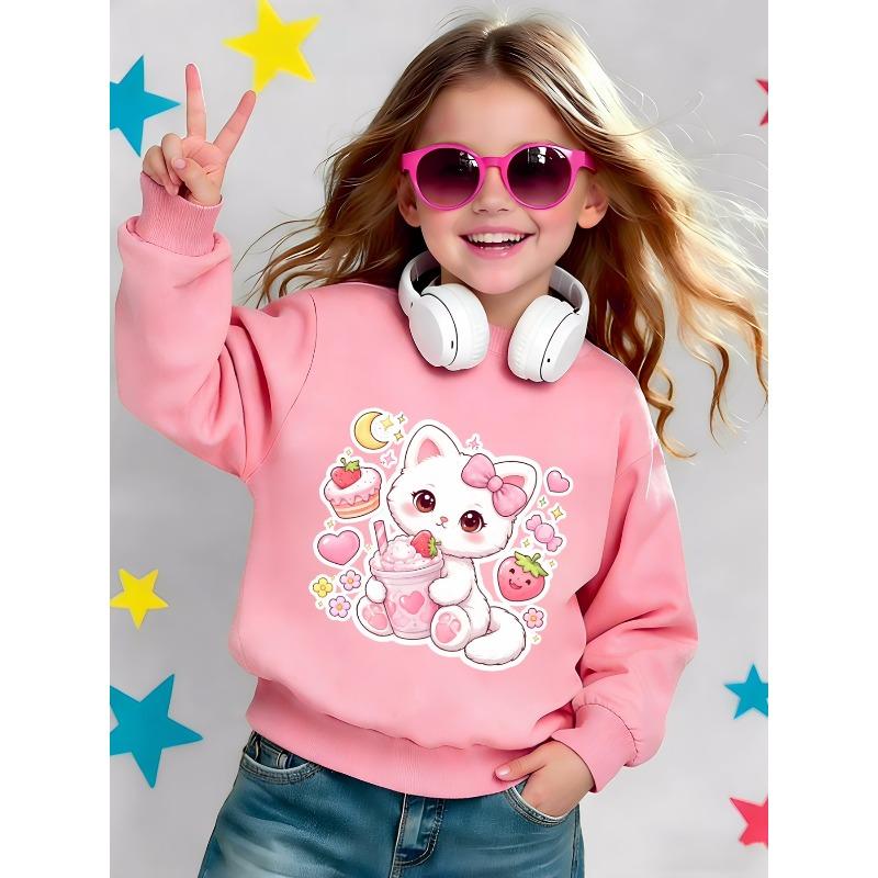 European sizes Cute Cat Print Pattern Kids' Spring Lightweight Crew Neck Sweatshirt, Ages 0-3, Comfortable and Soft Design, Suitable for Outdoor Wear