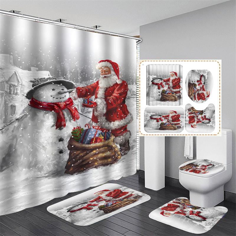 Cute Snowman Christmas Shower Curtain Set Silver Pine Branches Snowflake Xmas Balls Bathroom Decor Rug Bath Mat Toilet Lid Cover