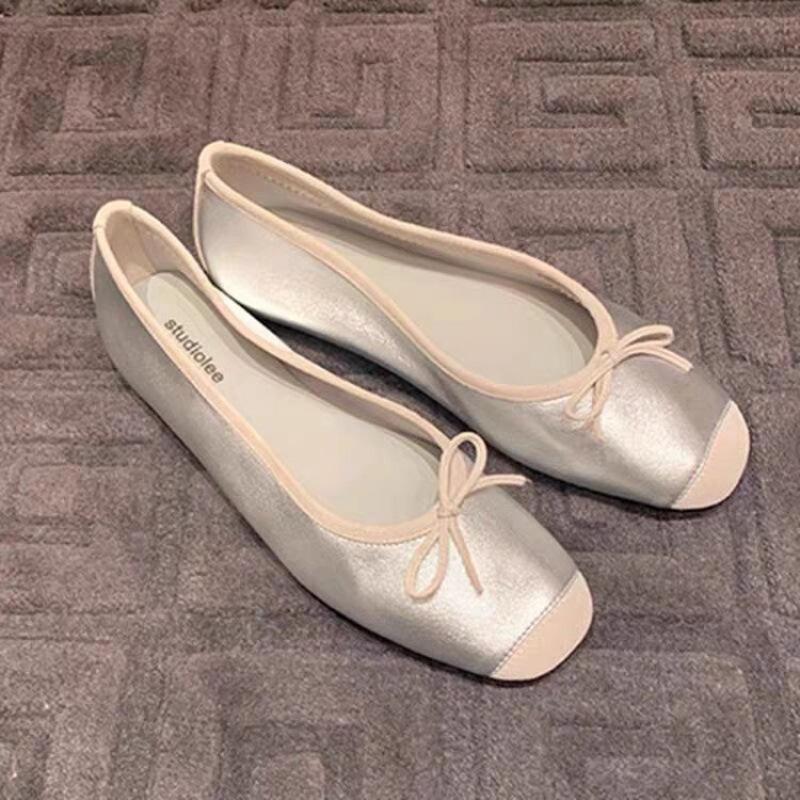 

Fashion Spring new French shallow mouth flat princess shoes with soft sole retro square toe simple comfortable versatile women s shoes 40 серебряный