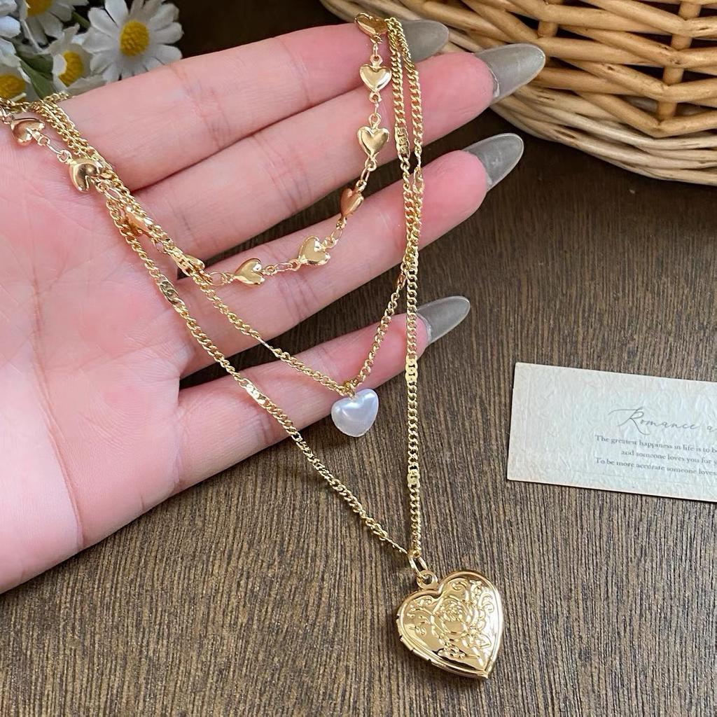 Vintage Heart Pearl Stacked Necklace, Retro Sweet Cool Minimal Clavicle Chain