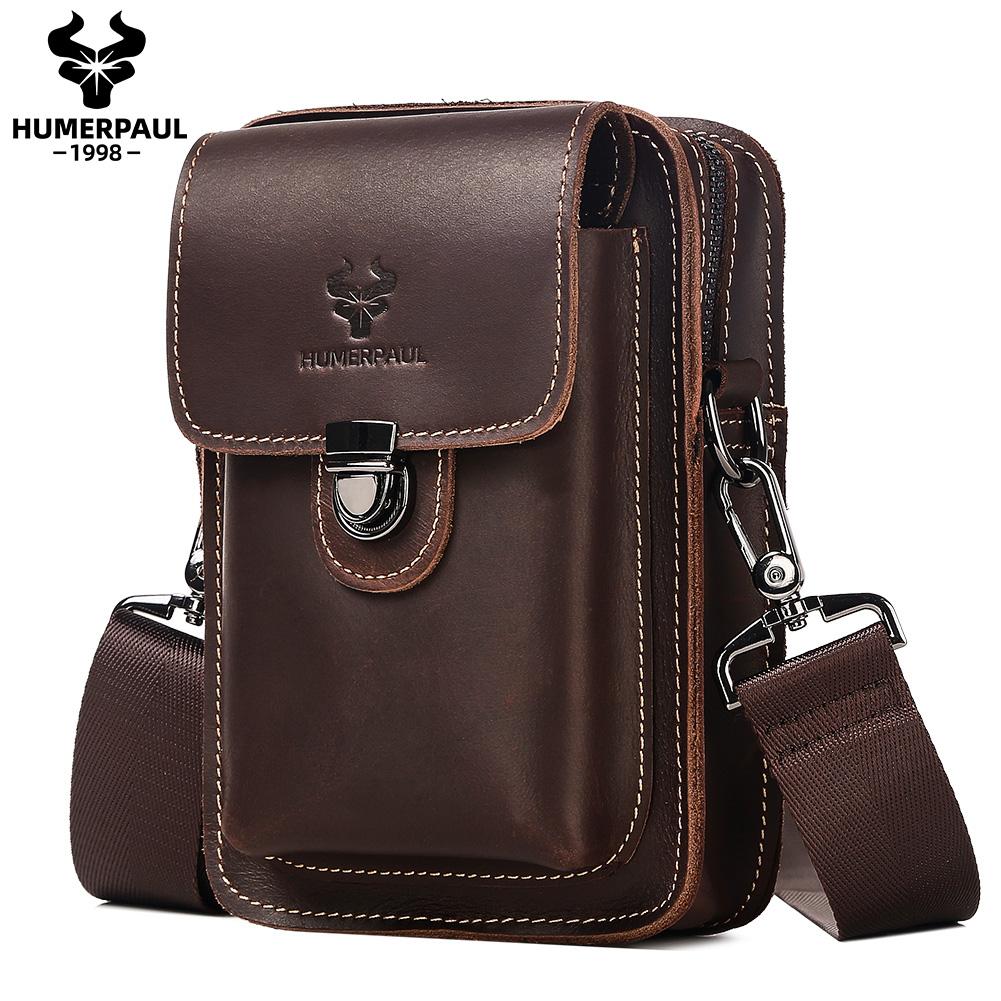 HUMERPAUL New men bags first layer cowhide shoulder bag retro messenger bag multi-function tool storage bag sports waist bag кофейный