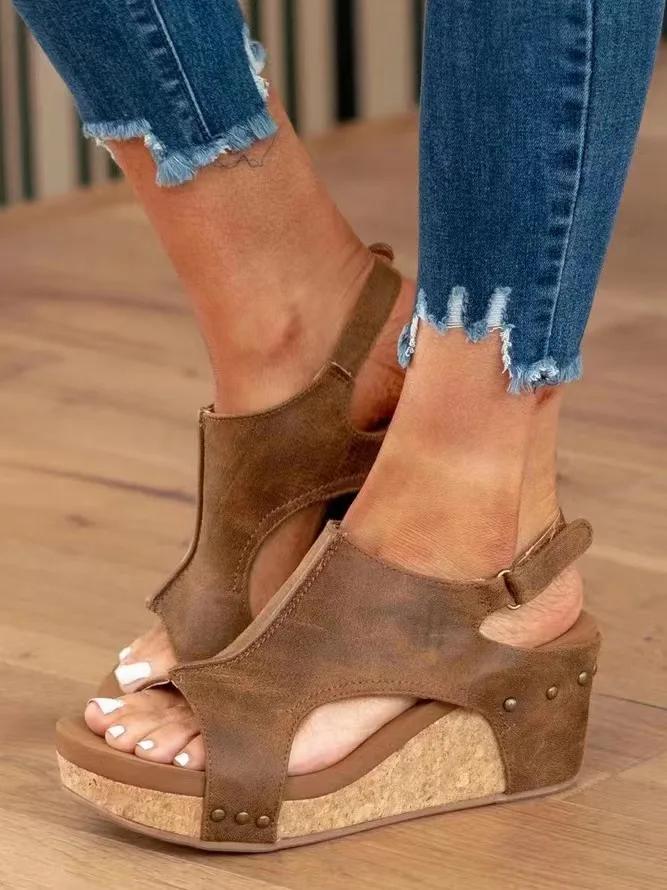 Women Leopard Hollow Out Platform Wedge Sandals Summer Sandals Buckle Strap Peep Toe Thick Bottom Casual Shoes 35