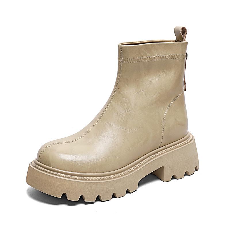 Plateau-Martinschuhe Damen Herbst und Winter Schwarze Lederstiefel Kurze Stiefel Vielseitige Kleine Dünne Stiefel Innenliegende Absatzschuhe