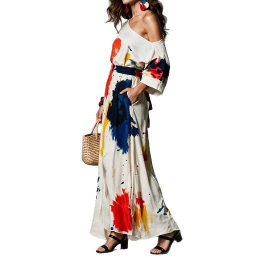 New Retro Off-the-shoulder Graffiti Print Split-ended Long Dress Europe and America