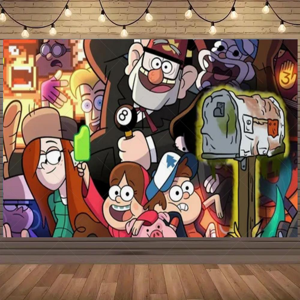 G&Gravity F-Falls Theme Birthday Party Decoration Cartoon Backdrop Banner Cake Topper Number Balloon Baby Shower Party Supplies