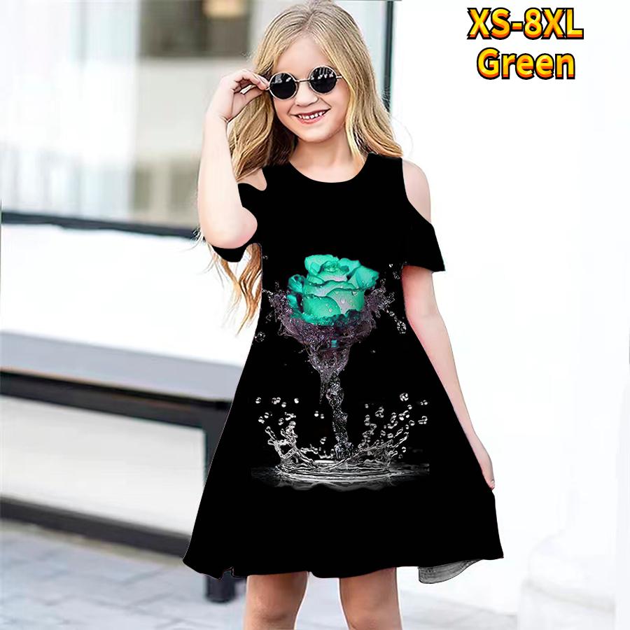 Girls Floral Flowers In the Water Print Dresses Kids Girl Party Off Shoulder Dress Princess Dress Short Sleeved Dress For Girl Over 4 Years
