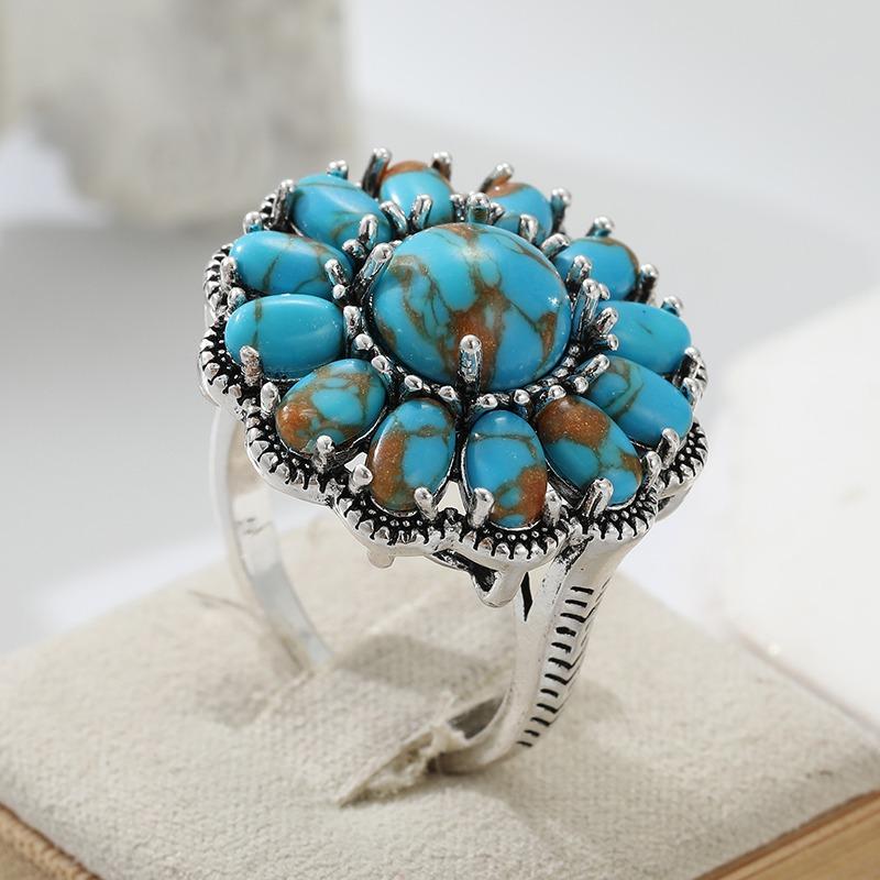 Vintage Inlaid Imitation Turquoise Flower Women's Ring Ethnic CopperColor Geometry Daily Wear Party Jewelry Anniversary Gift