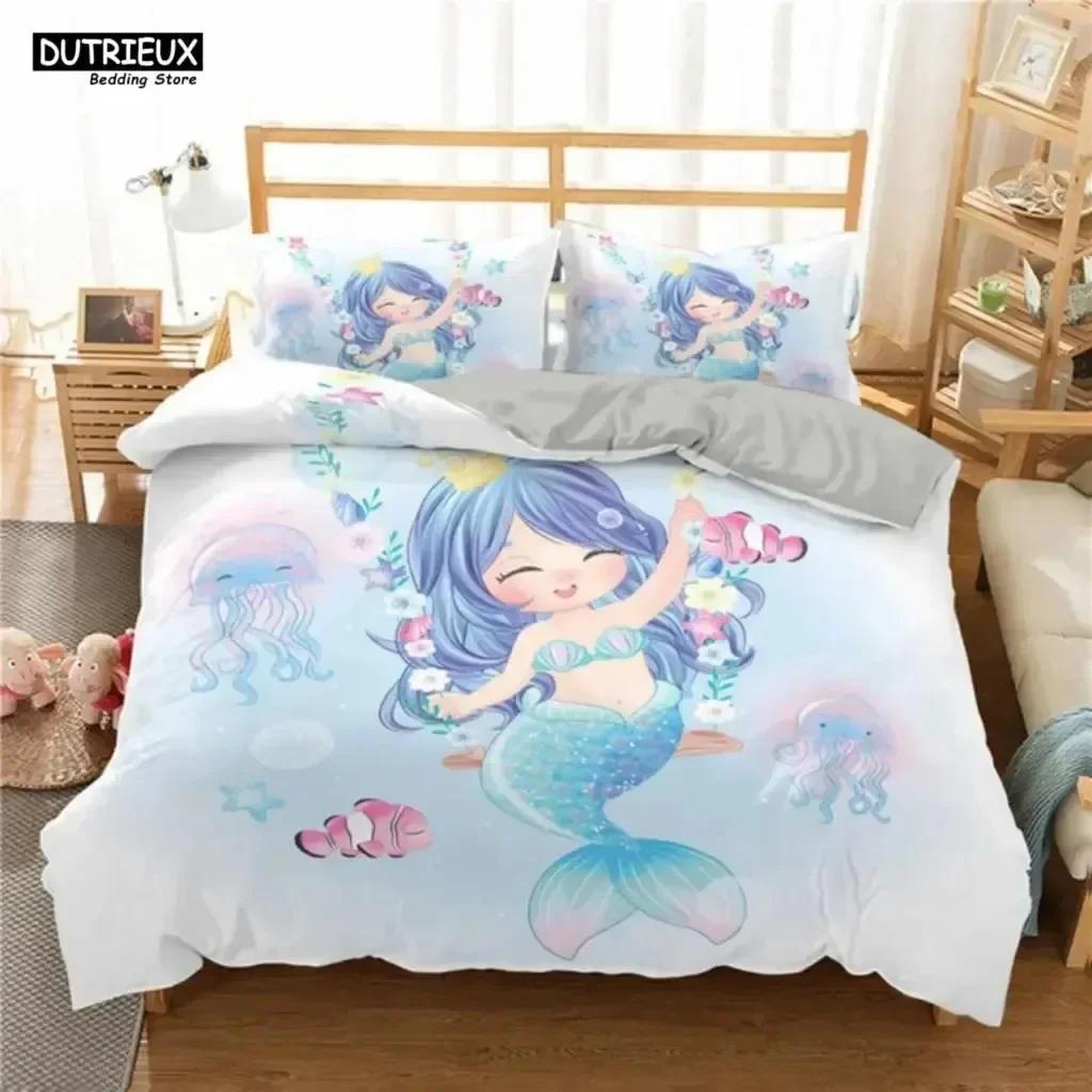 Luxury New 3D Print Cartoon Blue Mermaid Duvet Cover Beautiful Girl With Unicorn Bed Cover Single Double Queen King Bedding Set