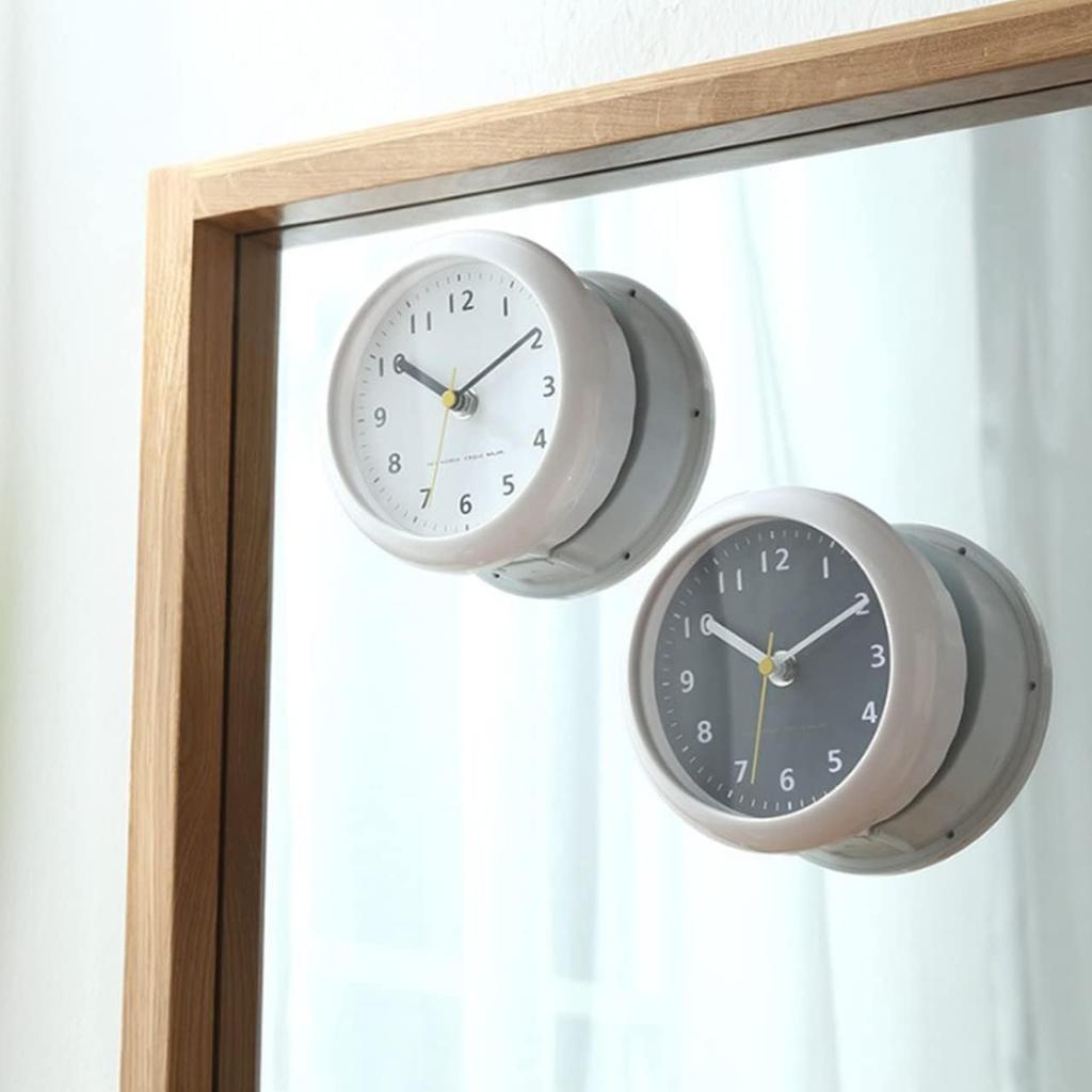 CUROVIREO Waterproof Mini Clock, Wall Mount, Suction Cup, Silent, 16cm, Analog, Tabletop, Freestanding, Rental-Friendly, No Drilling Required,