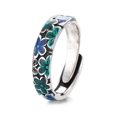 Retro National Style Fan Fan Fanhua Plum Blossom Ring Women Thai Silver Drops Craft Creative Hand Accessories 