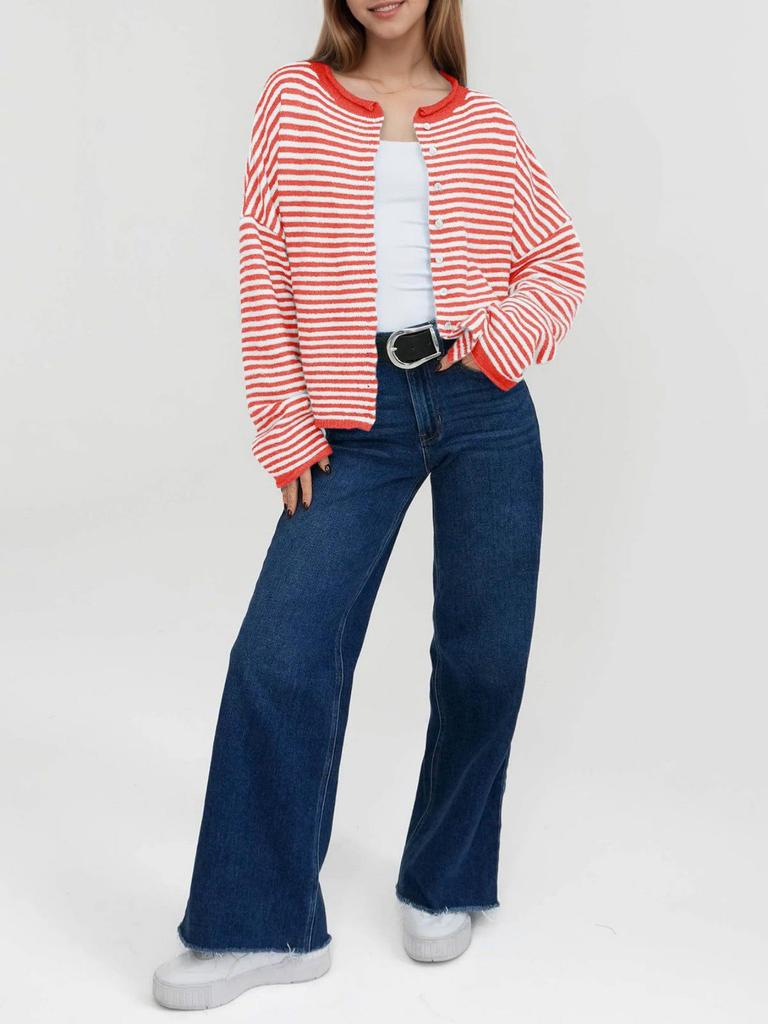 Women's Button Coat Striped Color-Contrast Long-Sleeved Cardigan