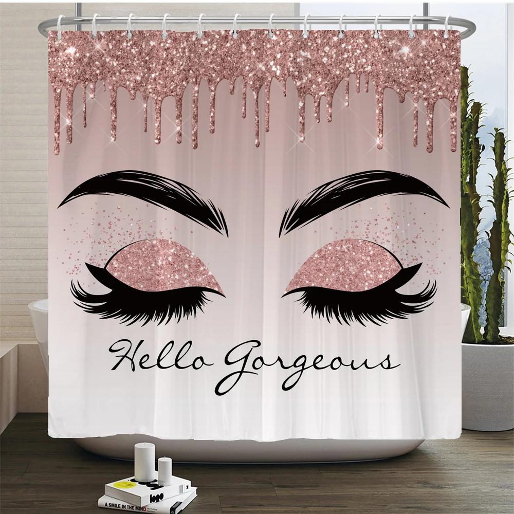 Girl Pink Silver Eyelash Shower Curtain Gorgeous Waterproof Polyester Fabric Bath Curtains Glitter Bathtub Screen with Hooks