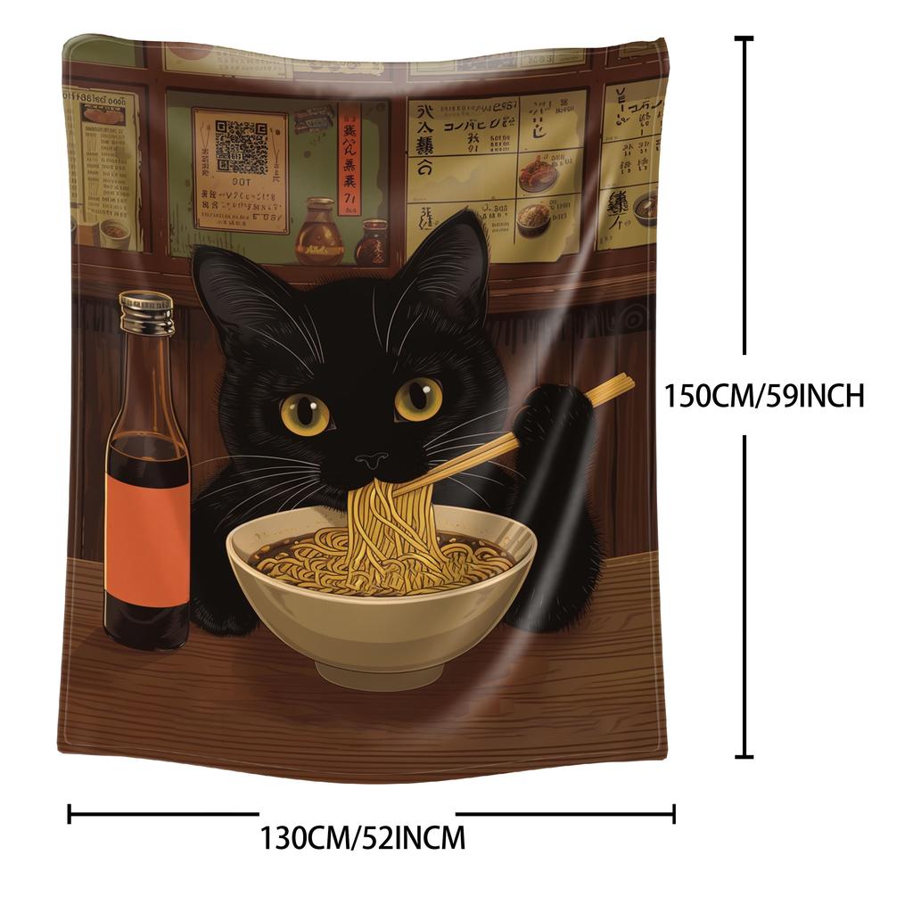 Black Cat & Noodles Print Throw Blanket - Cute Japanese Anime Motif Soft Lightweight Accent for Sofa Bed Travel Office Gift