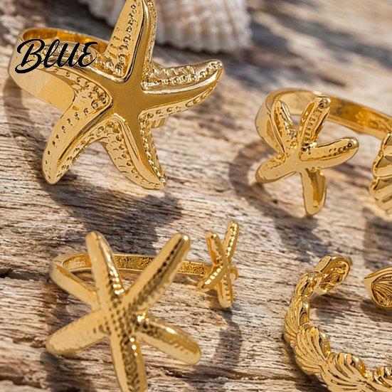 Adjustable Finger Ring 4Pcs Ocean Style Set Open Rings Gold