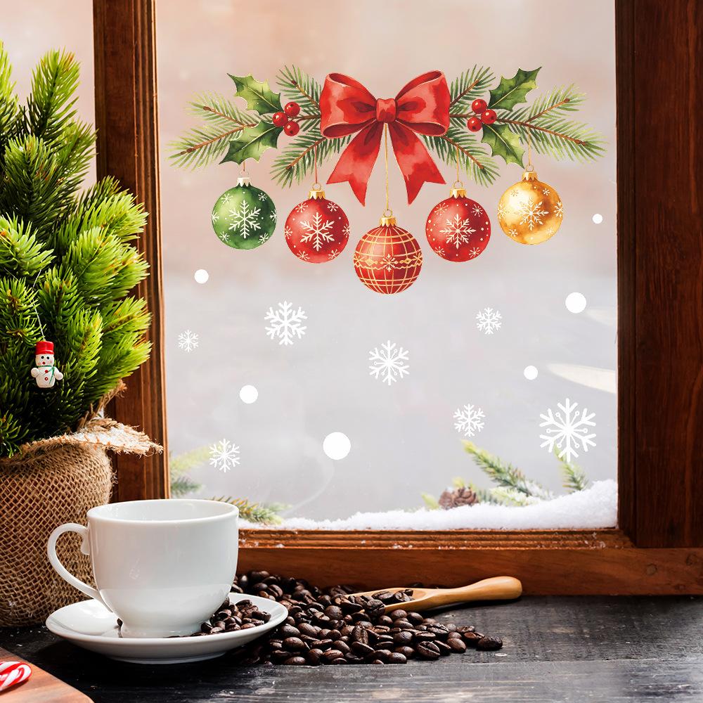 Painted Bow-shaped Light Bulbs, Pine Branches, Snowflakes, Balcony, Glass Windows, Home Decoration, Window Stickers
