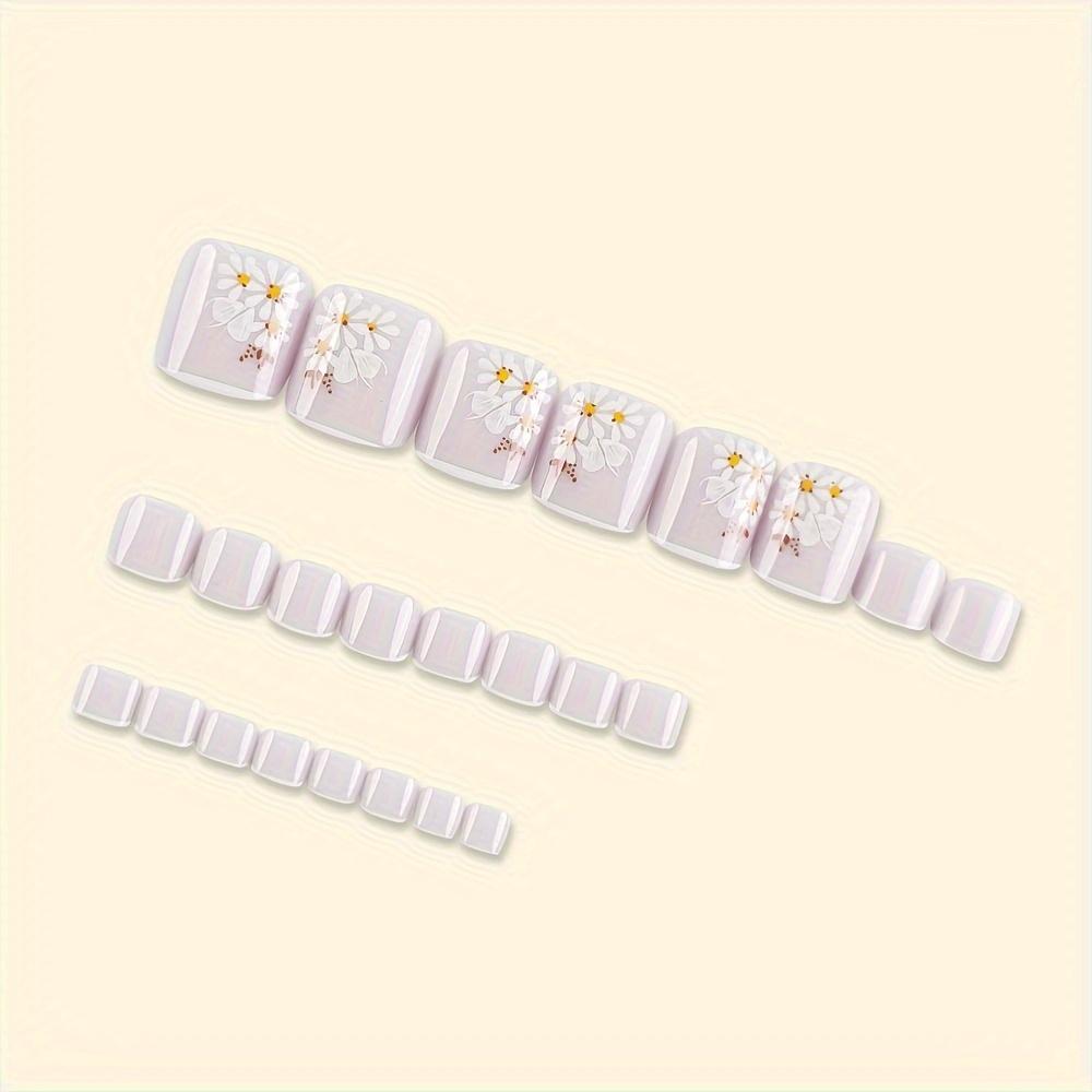 24-Piece Short Square Shape Glossy Purple Flower Pattern Nail Wraps - Fashionable French Floral Nail Forms for Toes with Glossy Finish