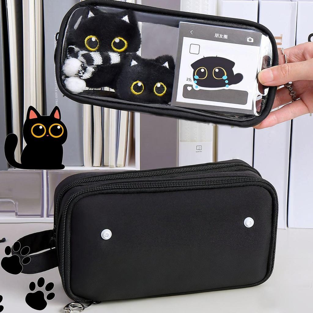 Cute Pencil Pouch Black Cat 10-Layer Detachable Organizer Animal Pencil Case Stationery Supplies for Marker School Supplies Kids