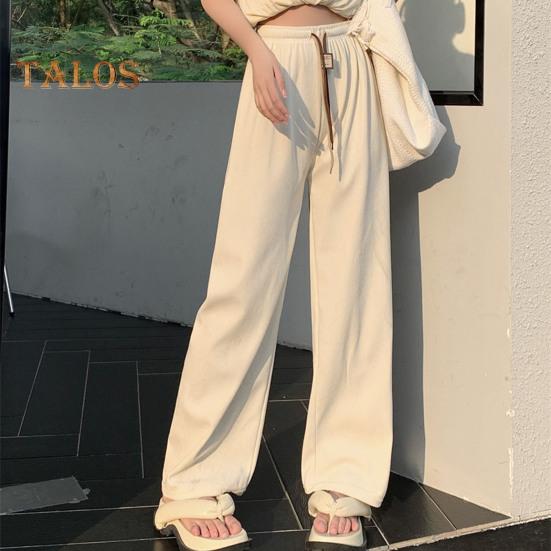 Pantaloni pentru femei cu talie înaltă elastică, cu șnur ajustabil, pantaloni lungi, culoare uni, drepte, cu picior lat, pantaloni ocazionali, ținute zilnice