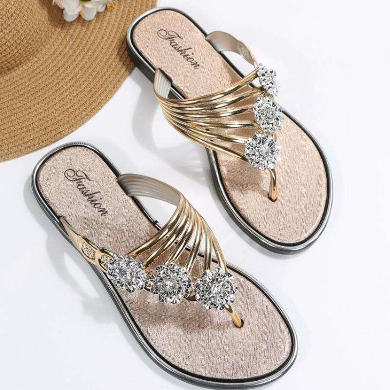 Women's Slippers Flats Shoes Floral Pattern Cutout Toe Post Flip Flops Summer Sandals Low Heels Beach Luxury Rhinestones