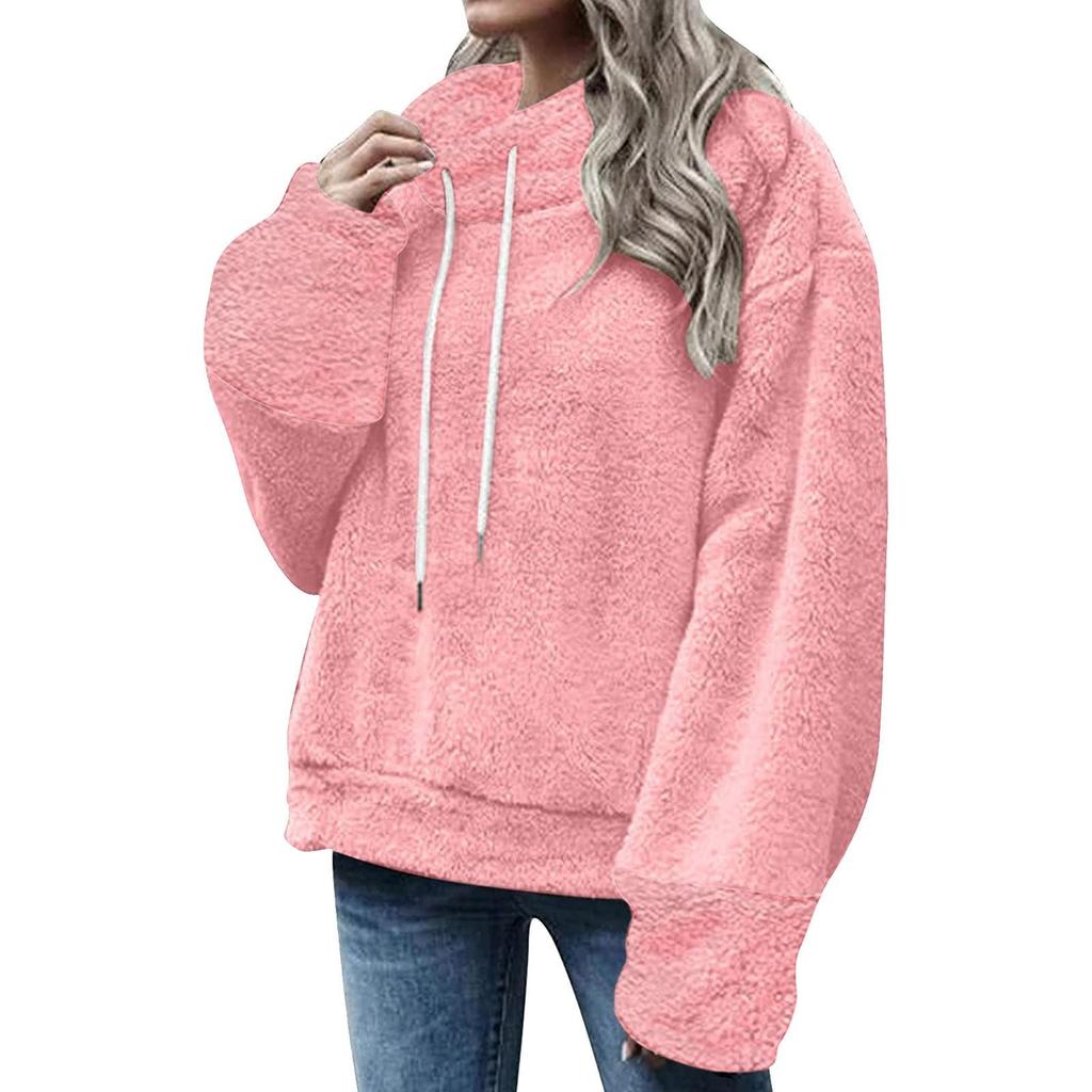 Women's Fashion Leisure Solid Color Long Sleeve Pullover With Drawstring Plush Coat Top