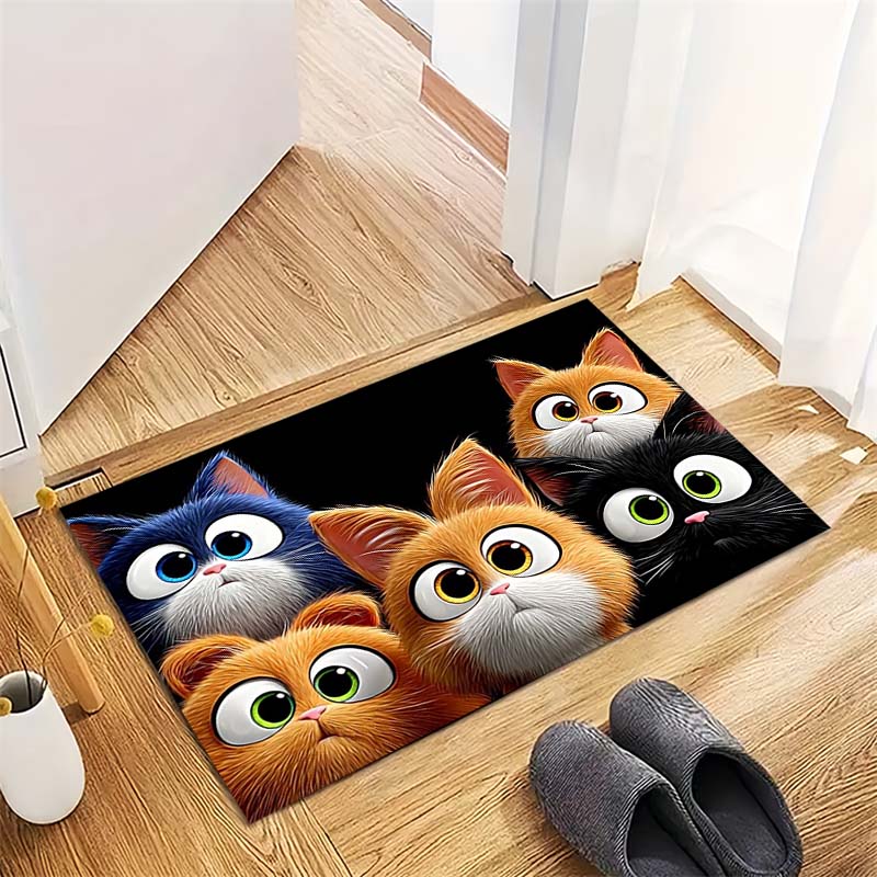 Cartoon Cats Group Non-Slip Doormat, Kawaii Pet Print Entryway Floor Mat