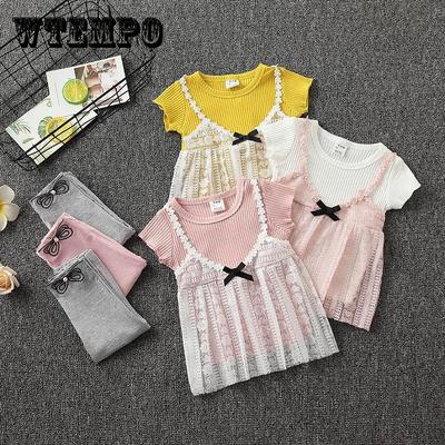 2PCS Children Clothing Set Spring Summer Girls Suits Yarn Short Sleeve Tops + Pants Clothing Set