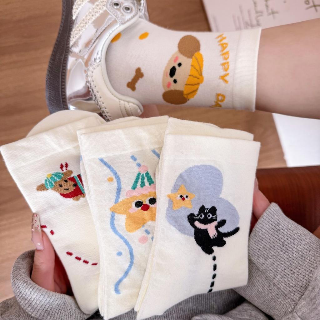 Illustration Puppy Socks Milk White Girls Sports Socks Korean Dachshund Dog Cream Cute Medium Tube Socks