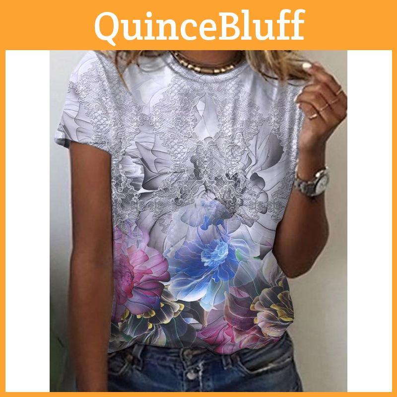 3d Short Printed Womens Sleeved Top Holiday Weekend Basic Round Neck Regular Flower T Shirt