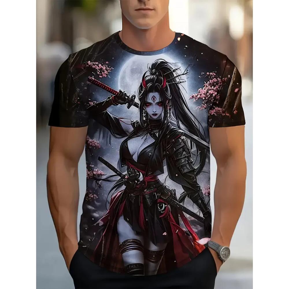 Anime Samurai Girl 3D Print T-Shirts Men's Women Short Sleeve Round Neck T Shirt Oversized Streetwear Tees Unisex Tops Clothing