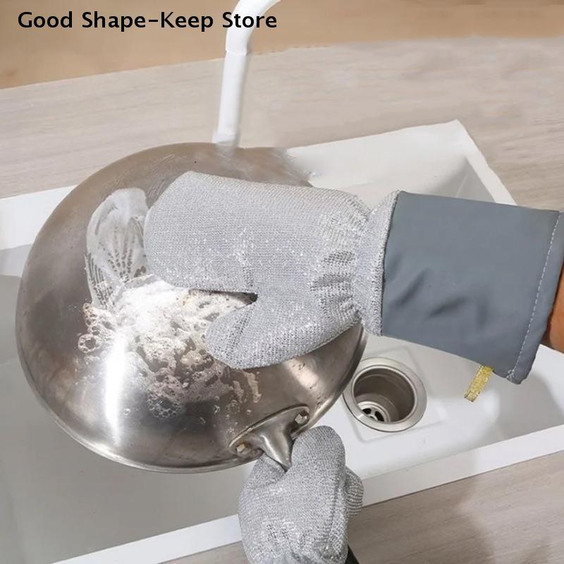 Waterproof And Heat-resistant, Thickened Silver-thread Dishwashing Gloves, And Wear-resistant Kitchen Cleaning Brush.