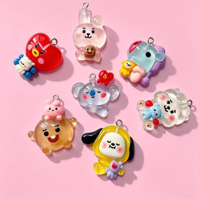 7Pcs/Set Kawaii Bunny Dog BT21 Cartoon Resin Cute Charms Jewelry Making Bracelet Keychain Making Supplies Handmade DIY 6