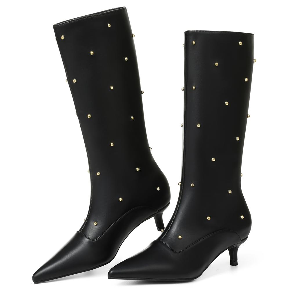 

Fashion Women Mid Calf Boots Point Toe Kitten Med Heels Rivet Metal Decor Women s Wide Calf Boots Trend Designer Ins Sh 41