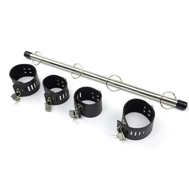 BDSM Bondage Adjustable Handcuffs & Ankle Cuffs with Stainless Steel Spreader Open Legs Pu Leather Set for Couple Sex Games Toy