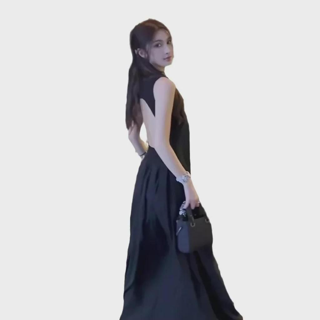 Rochie de vară neagră pentru femei 2024, fără spate, linie A, cu talie subțire