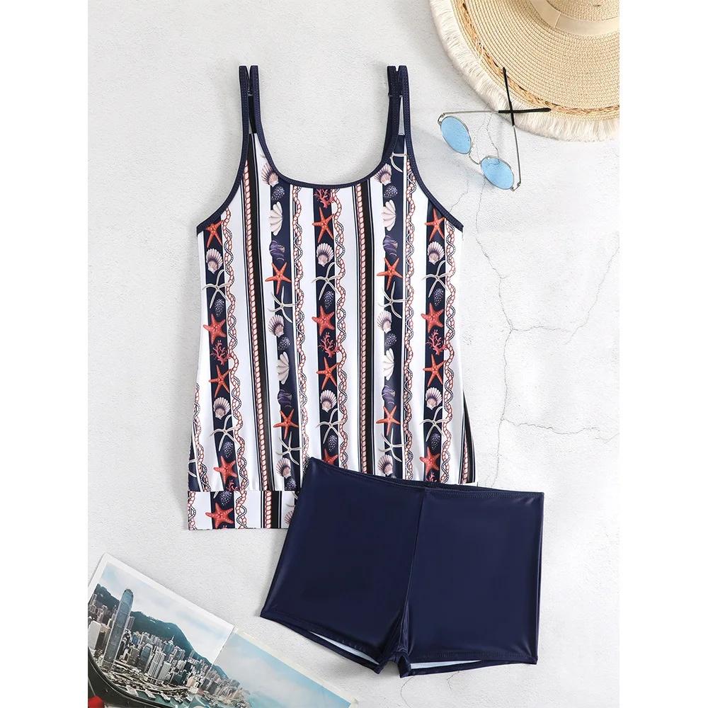 

Летний женский комплект из двух предметов танкини новый дизайн принт купальник купальный костюм пляжная одежда модный купальник монокини S-8XL 3XL темно-синий