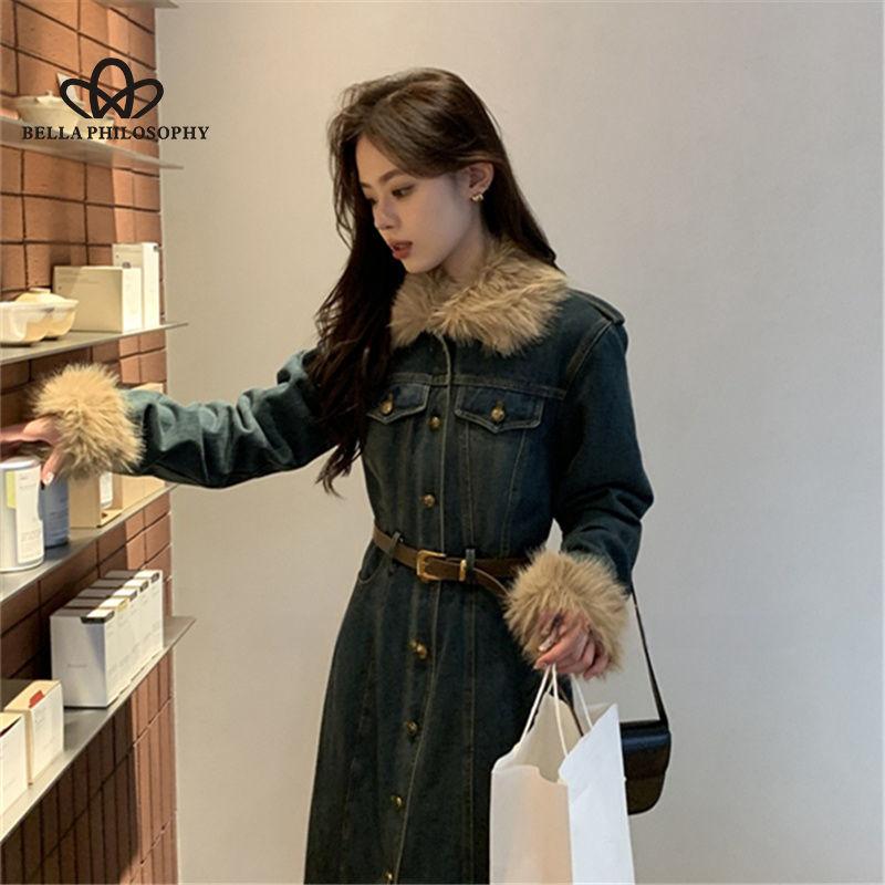 Robe en jean de coton épais à col pour femme, nouvelle collection hiver, manteau de style rétro, longue ligne A, style décontracté