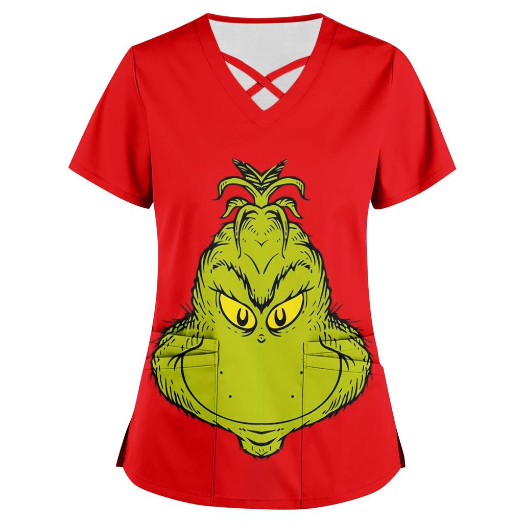 Women's Printed Work Clothes With V Neck And Double Layer Pocket Basic Tops Pullover