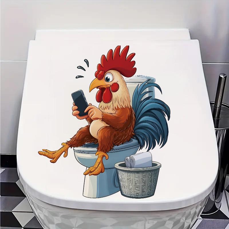 Coq de dessin animé drôle jouant au smartphone Sticker mural de toilettes Auto-adhésif Imperméable Amovible Décoration murale de salle de bain Maison Art