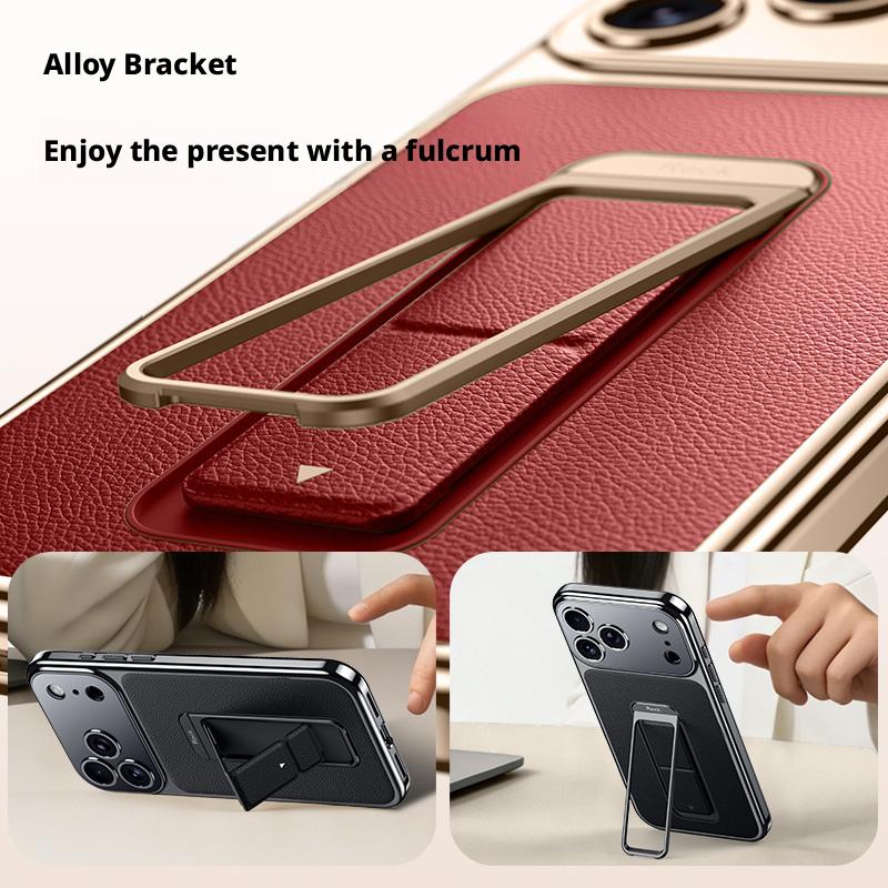 Finger Grip Hand Strap Folding Holder Plain Leather Case For iPhone 17 Pro Max/iPhone 17 Pro/17 Lens Protection Case Cover