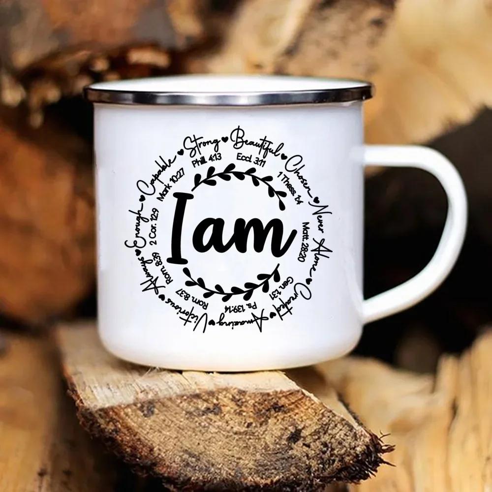 

I Am/you Are Strong Beautiful Christian Enamel Mugs Outdoor Travel Coffee Cup Drink Dessert Milk Vintage Handle Drinkware Gifts 360ml