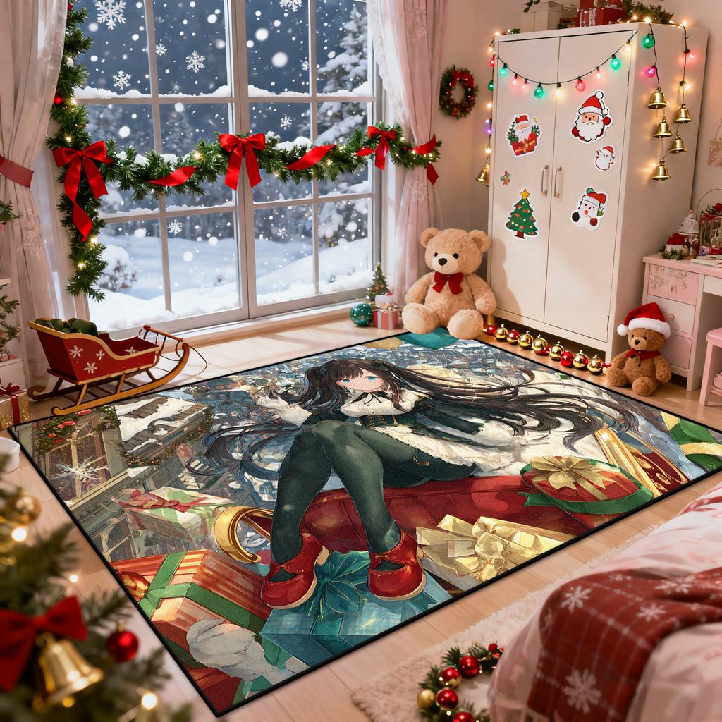 Christmas Anime Girl Style Living Room Carpet Fashion Cute Decoration Bedroom Bedside Plush Rug Cloakroom Non-slip Washable Mat