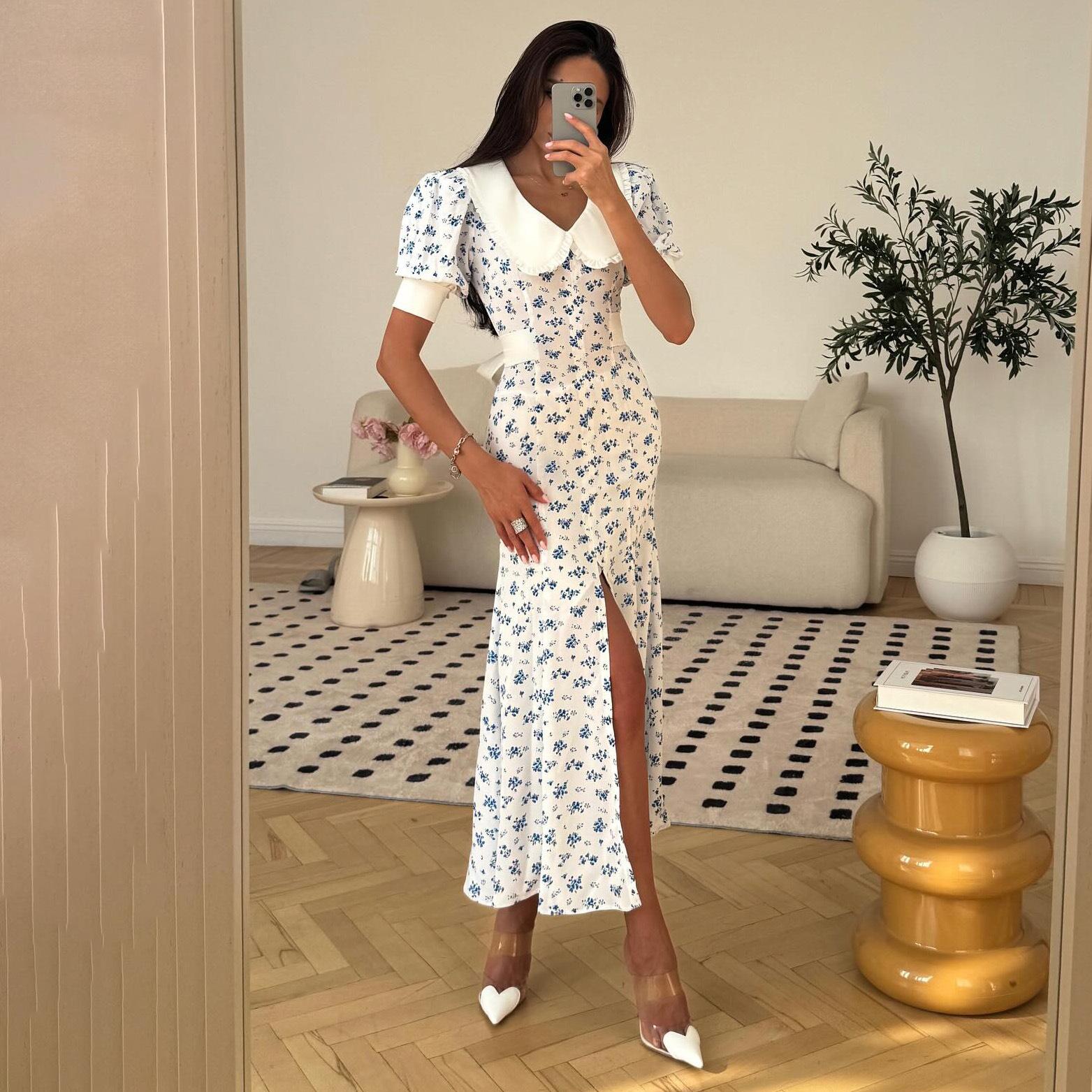 

Модное женское платье приталенного силуэта с принтом, летнее платье до щиколотки с лацканами и короткими рукавами, элегантное платье с разрезом и высокой талией S белый