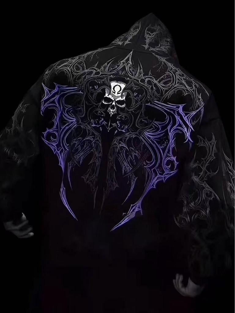 Breathedivinity Skull Print Zipper Hoodie - American Trendy Dark Style for Autumn/Winter