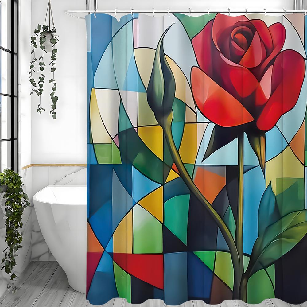 Rose Dazzle Geometric Shower Curtain, Bathroom Decorative Shower Curtain, Waterproof Shower Curtain with Hooks