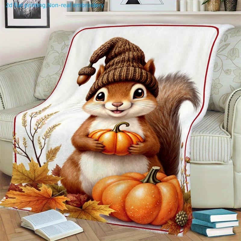 1pc Autumn Cartoon Squirrel Pumpkin Print Blanket, Warm And Comfortable, Multi-Size Available, Suitable for Living Room, Bedroom, Study, Office, Outdo
