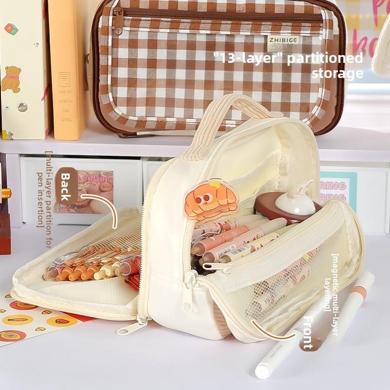 Multi Compartment Fabric Pen Bag With Magnetic Closure For Students And Office Use