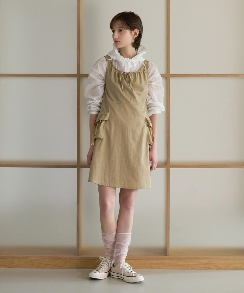 Covernat Woman Shirred Cargo Sleeveless Dress Beige