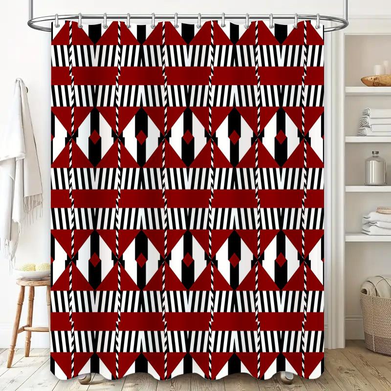 Modern Red White Geometric Shower Curtain Set Striped Bath Decor Water-Resistant Fabric Perfect For Bathroom Multiple Sizes Avai