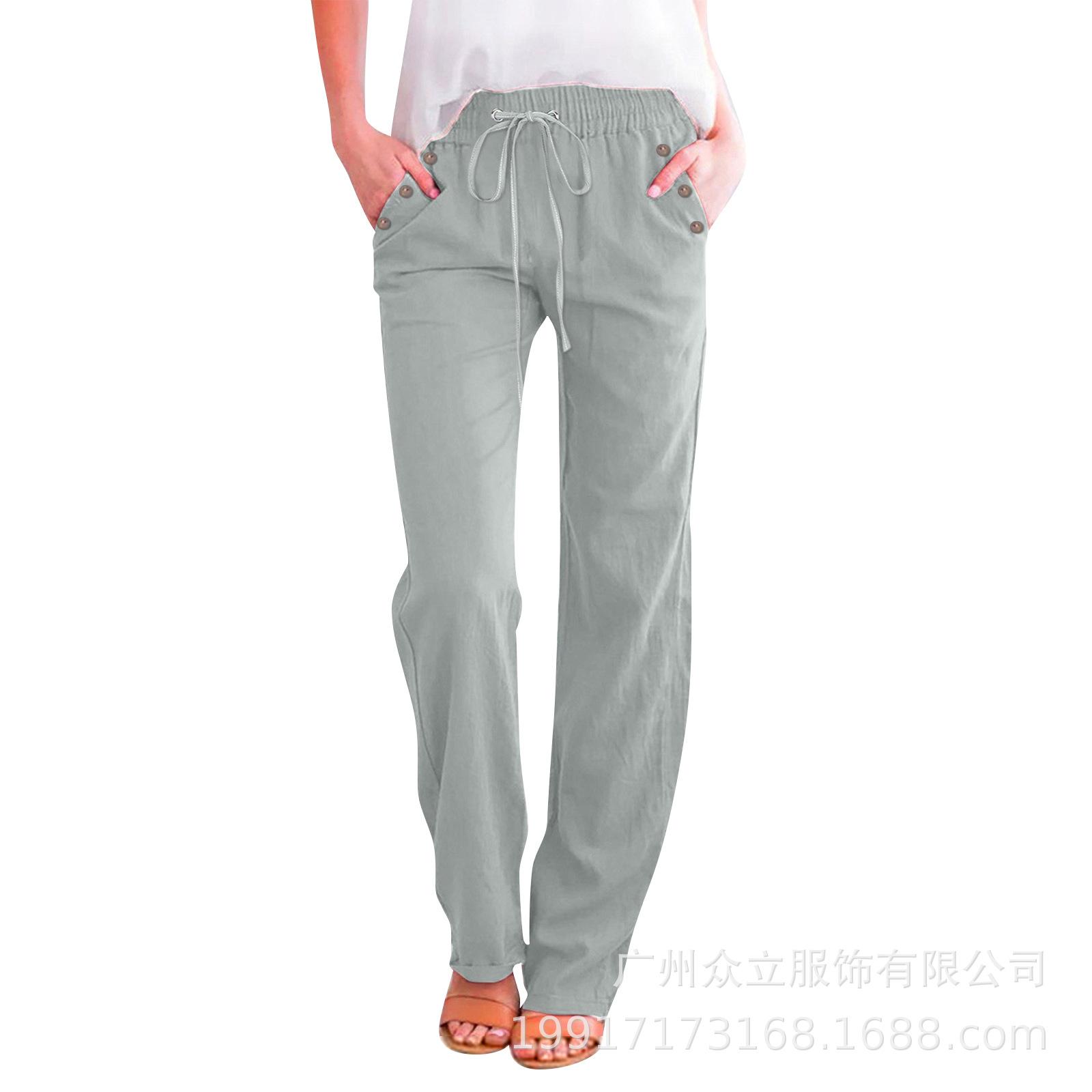 

Spring And Summer New Product Solid Color Cotton And Linen Loose Drawstring Button Casual Wide Leg Pants For Women 2XL