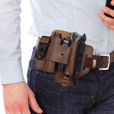 Multitool Belt Sheath Faux Leather EDC Belt Organizer 3 Pockets Belt Pouch with Flashlight Holder Pen Holder Keychain Clip for Men